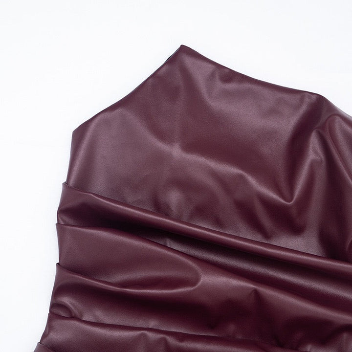 Faux leather strapless mini dress with asymmetrical design and pleats - Wiki