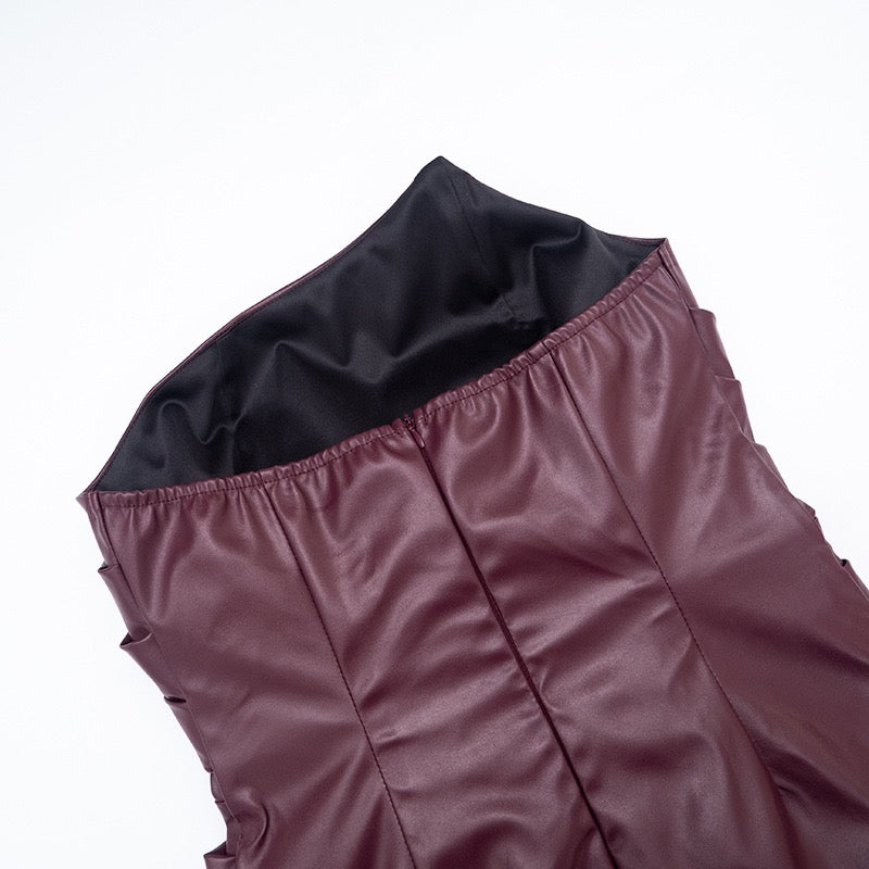 Faux leather strapless mini dress with asymmetrical design and pleats - Wiki