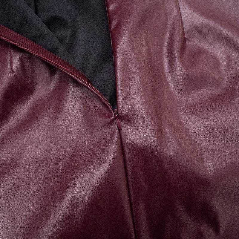 Faux leather strapless mini dress with asymmetrical design and pleats - Wiki