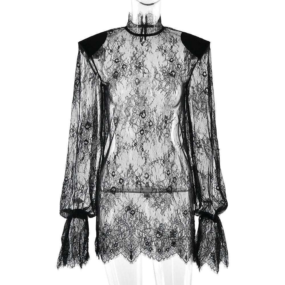 Sheer lace mini dress with turtleneck - ELLE