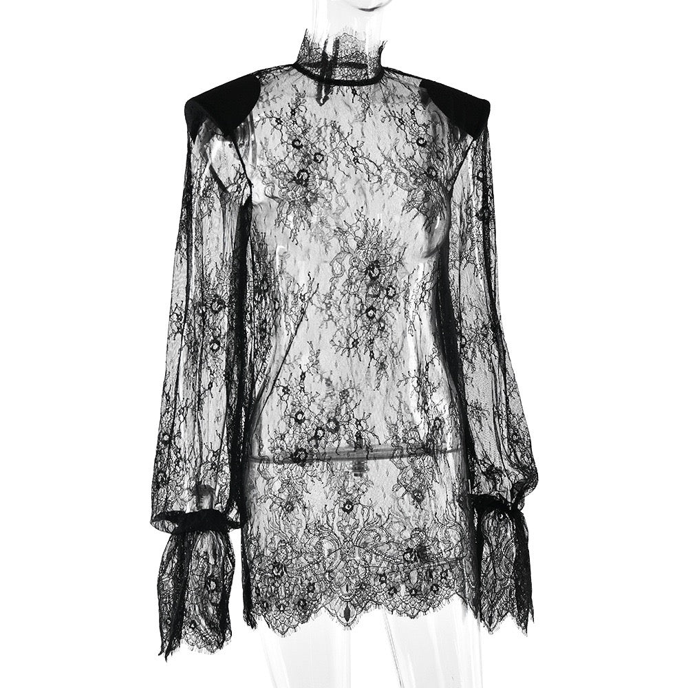 Sheer lace mini dress with turtleneck - ELLE