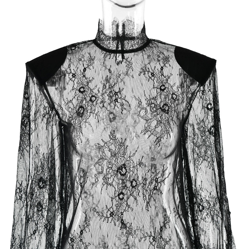 Sheer lace mini dress with turtleneck - ELLE