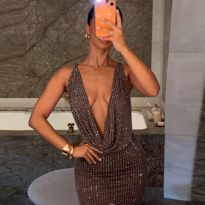 DIEM - Maxi dress with sparkling rhinestone design and open back