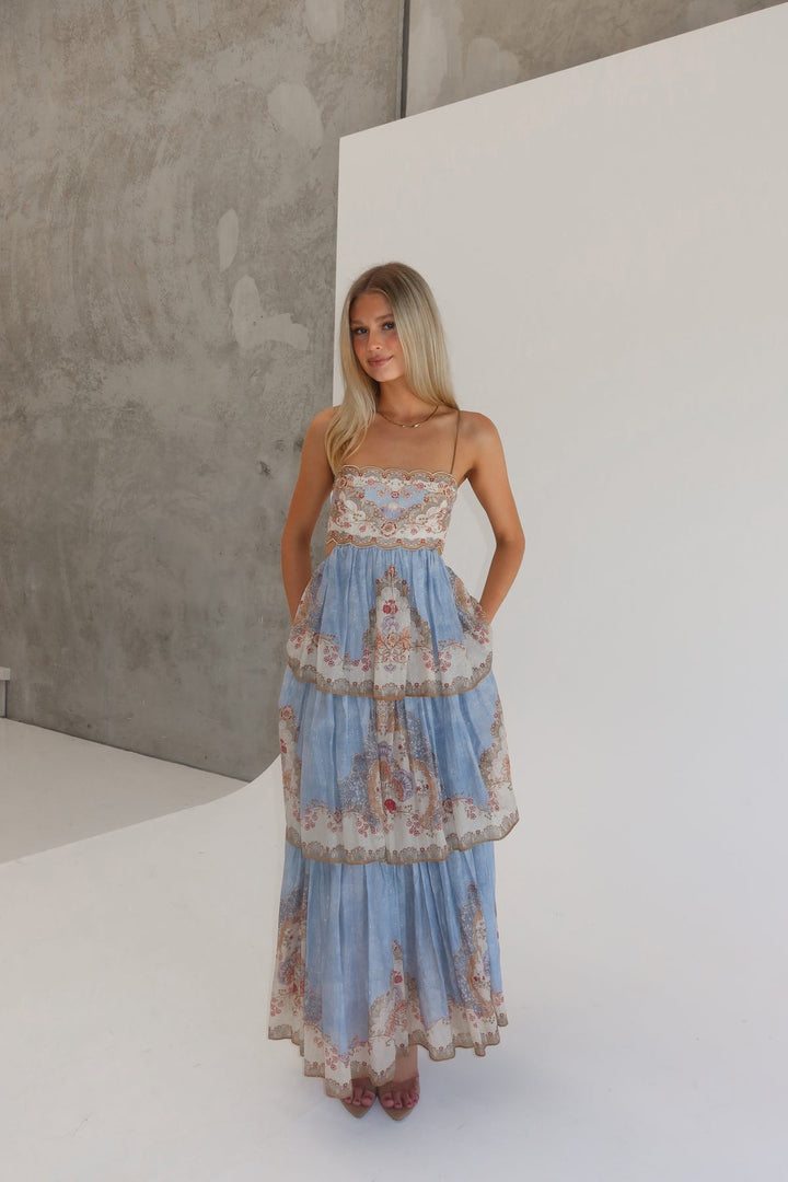 Roa - Layered ruffled chiffon maxi dress with a back tie for waist adjustment