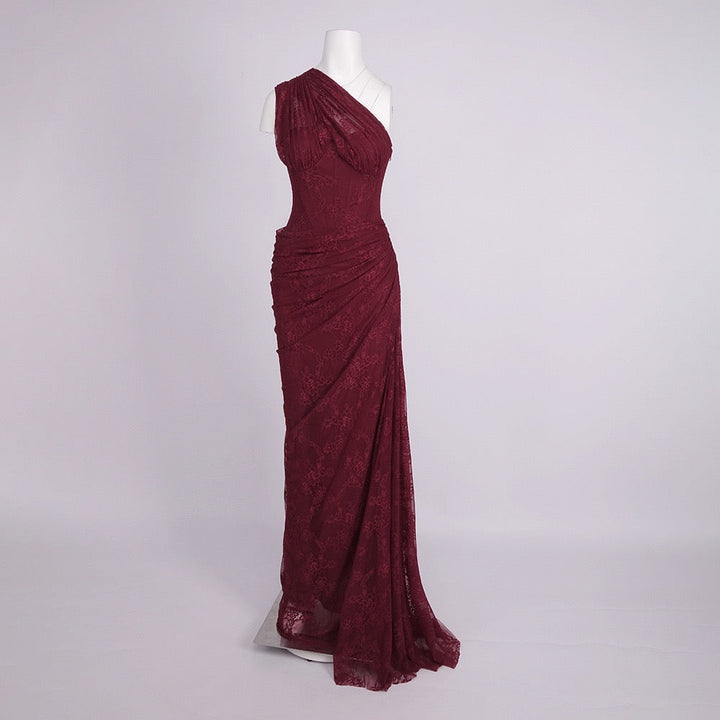 One-shoulder lace maxi dress with a corset and pleated design - ARGAMAN