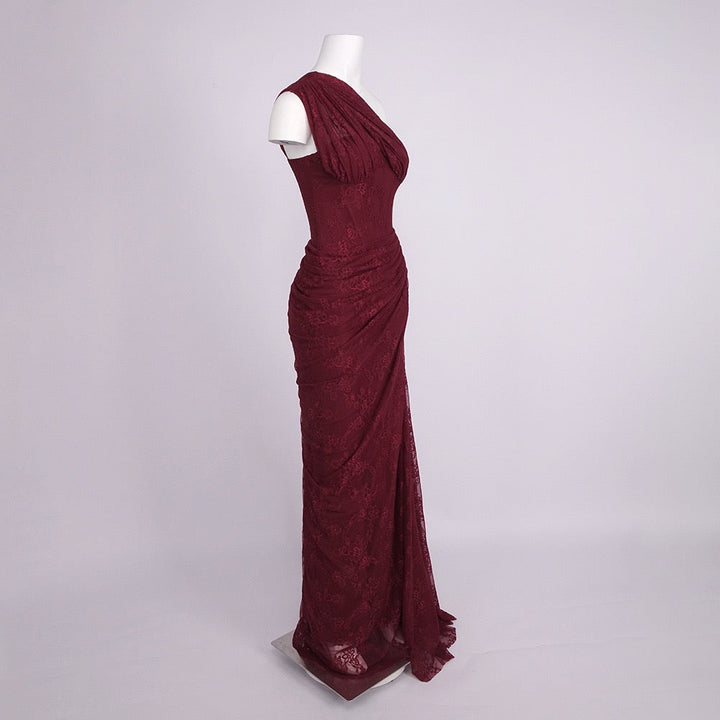 One-shoulder lace maxi dress with a corset and pleated design - ARGAMAN