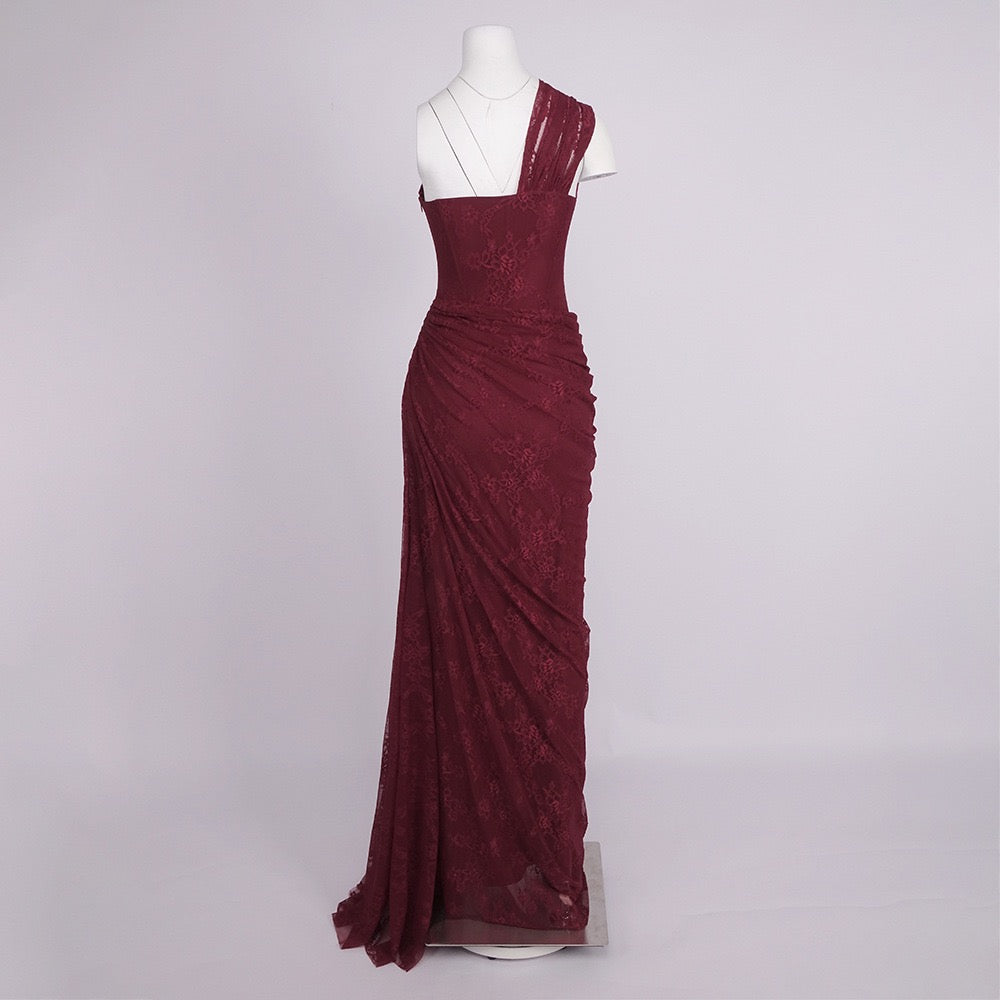 One-shoulder lace maxi dress with a corset and pleated design - ARGAMAN