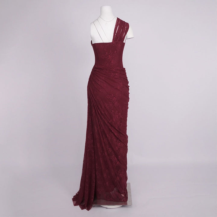 One-shoulder lace maxi dress with a corset and pleated design - ARGAMAN