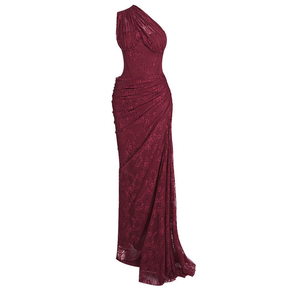 One-shoulder lace maxi dress with a corset and pleated design - ARGAMAN