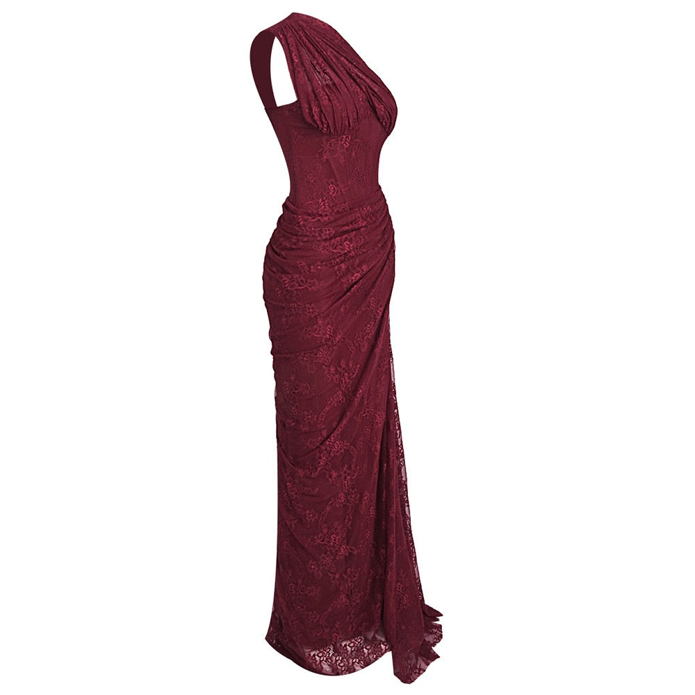 One-shoulder lace maxi dress with a corset and pleated design - ARGAMAN