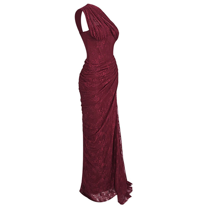 One-shoulder lace maxi dress with a corset and pleated design - ARGAMAN