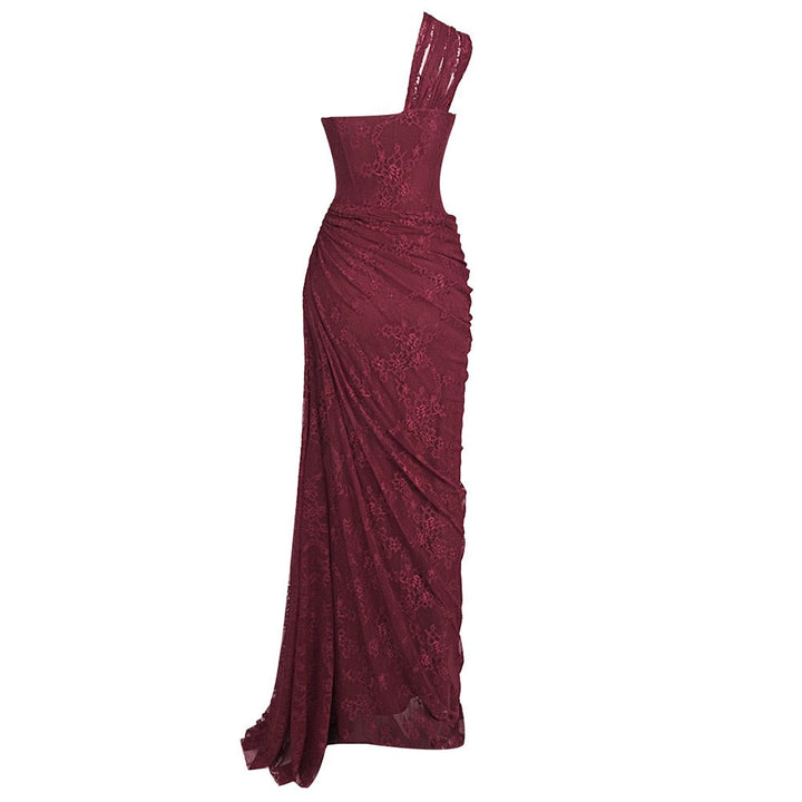 One-shoulder lace maxi dress with a corset and pleated design - ARGAMAN