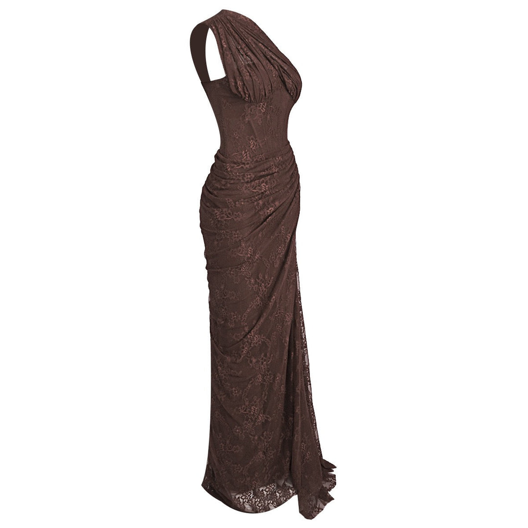 One-shoulder lace maxi dress with a corset and pleated design - ARGAMAN