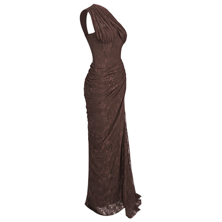 One-shoulder lace maxi dress with a corset and pleated design - ARGAMAN