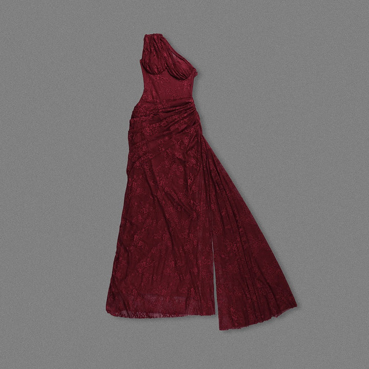 One-shoulder lace maxi dress with a corset and pleated design - ARGAMAN