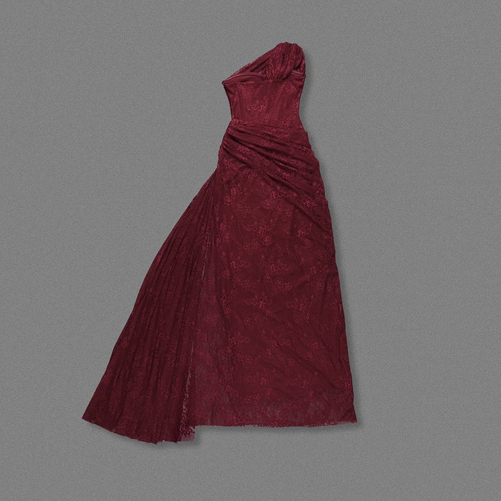 One-shoulder lace maxi dress with a corset and pleated design - ARGAMAN