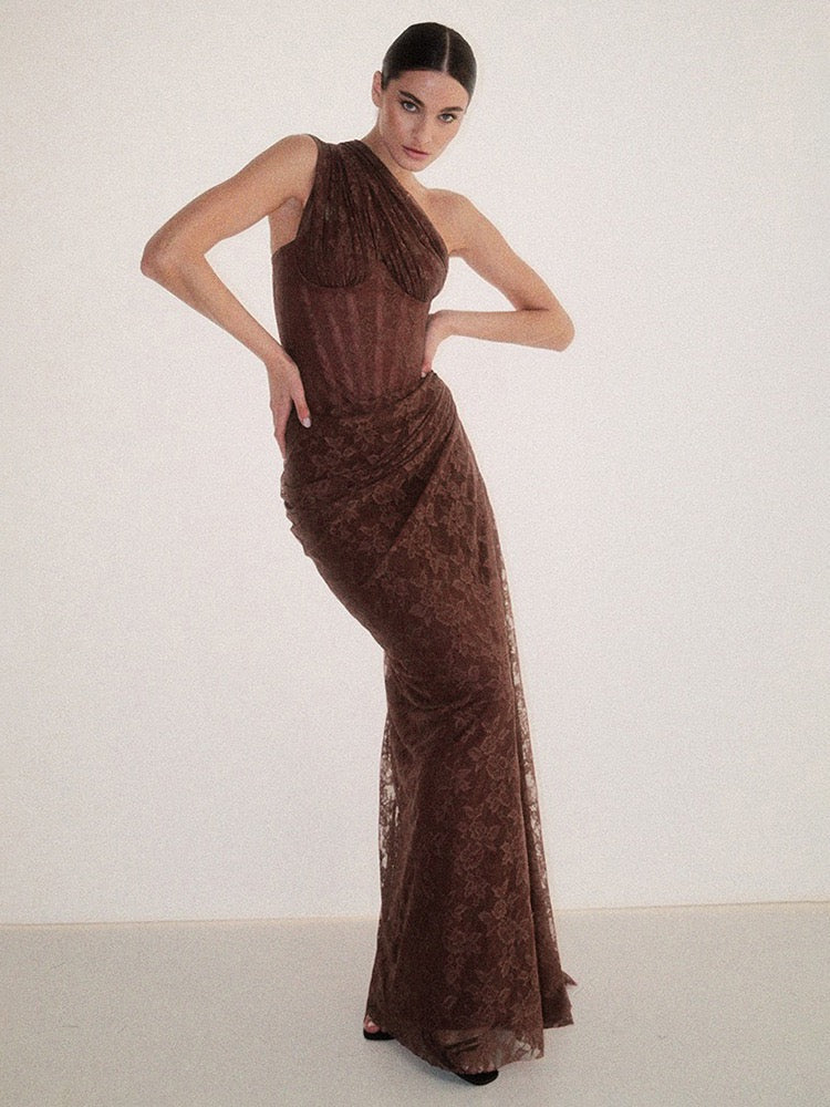 One-shoulder lace maxi dress with a corset and pleated design - ARGAMAN
