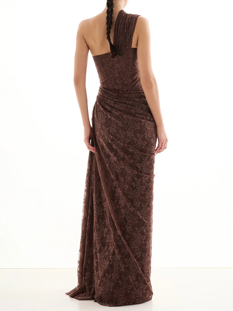 One-shoulder lace maxi dress with a corset and pleated design - ARGAMAN