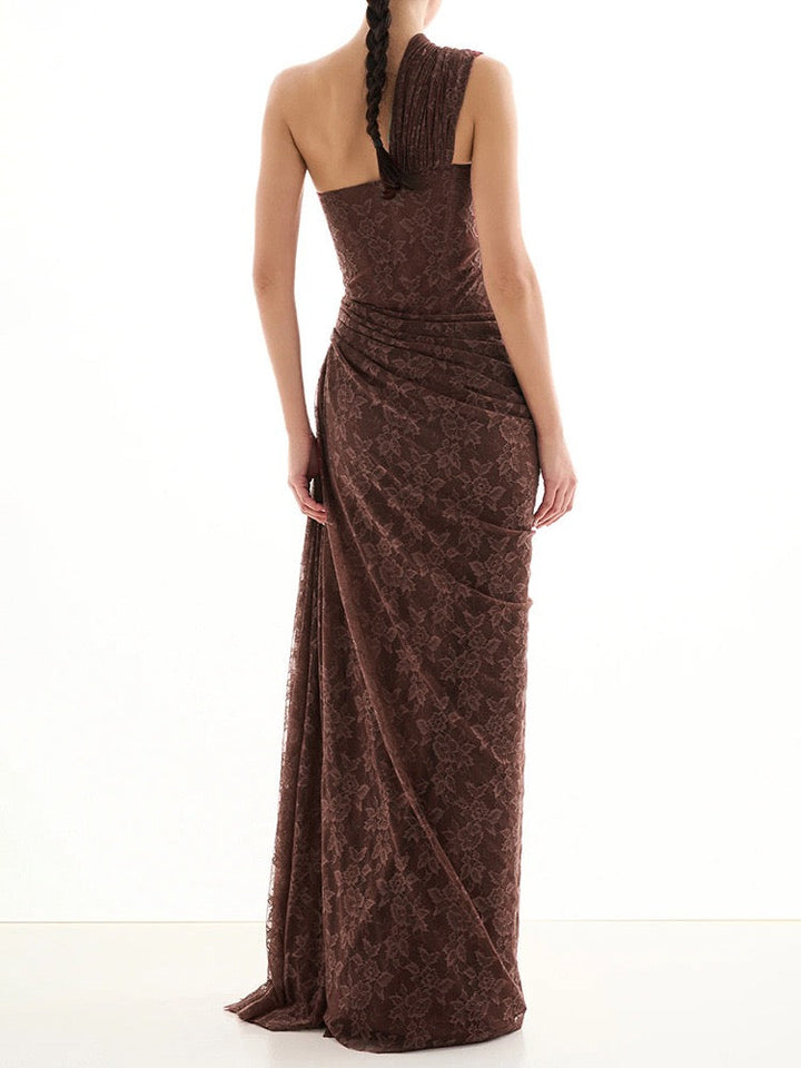 One-shoulder lace maxi dress with a corset and pleated design - ARGAMAN