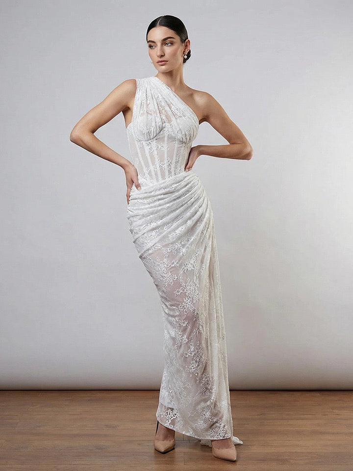 One-shoulder lace maxi dress with a corset and pleated design - ARGAMAN
