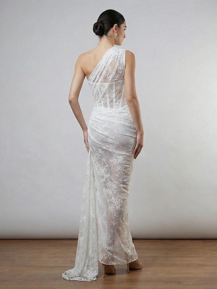 One-shoulder lace maxi dress with a corset and pleated design - ARGAMAN