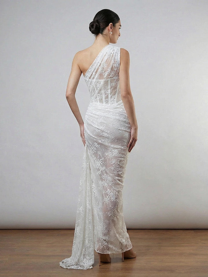 One-shoulder lace maxi dress with a corset and pleated design - ARGAMAN