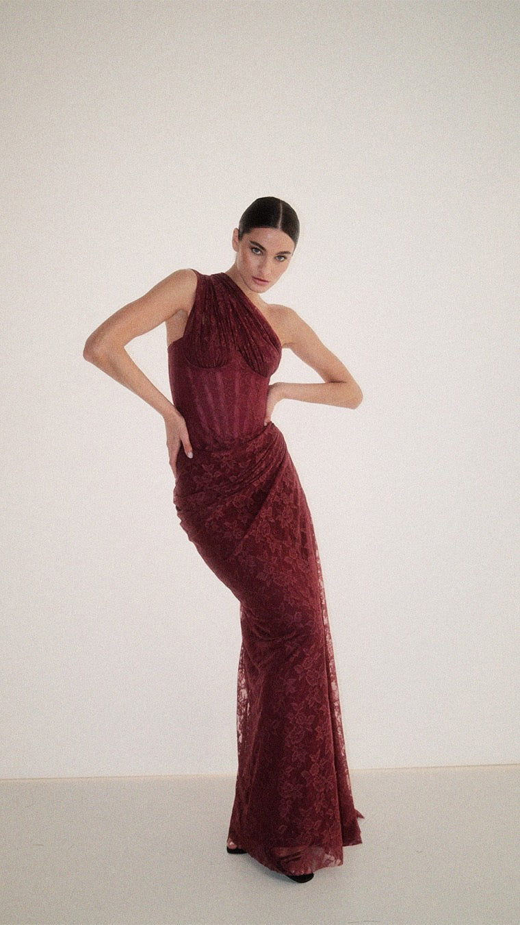 One-shoulder lace maxi dress with a corset and pleated design - ARGAMAN