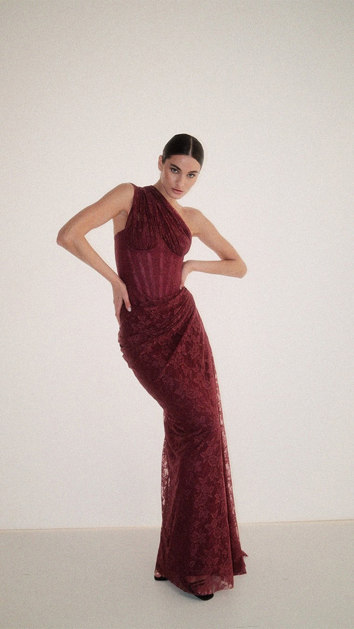 One-shoulder lace maxi dress with a corset and pleated design - ARGAMAN