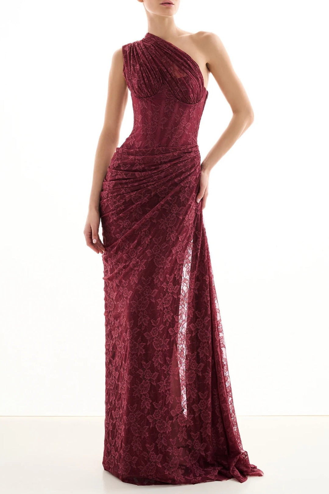 One-shoulder lace maxi dress with a corset and pleated design - ARGAMAN