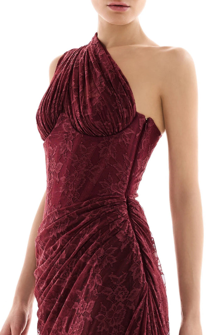 One-shoulder lace maxi dress with a corset and pleated design - ARGAMAN
