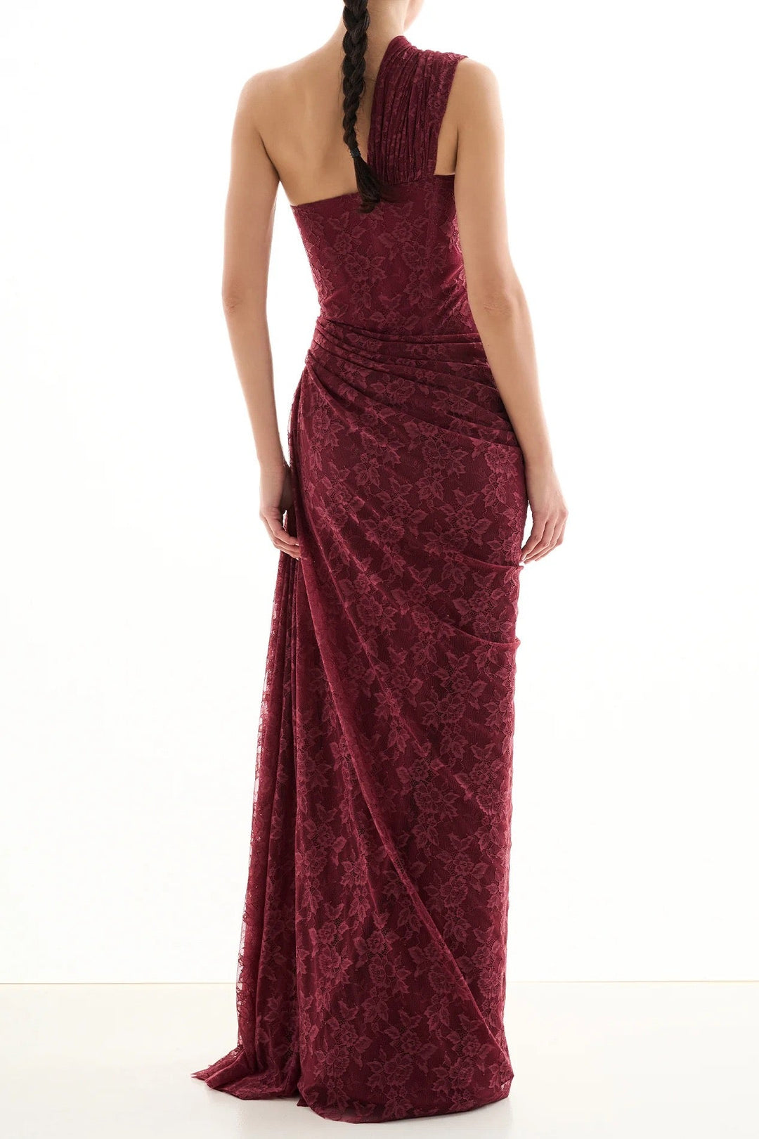 One-shoulder lace maxi dress with a corset and pleated design - ARGAMAN