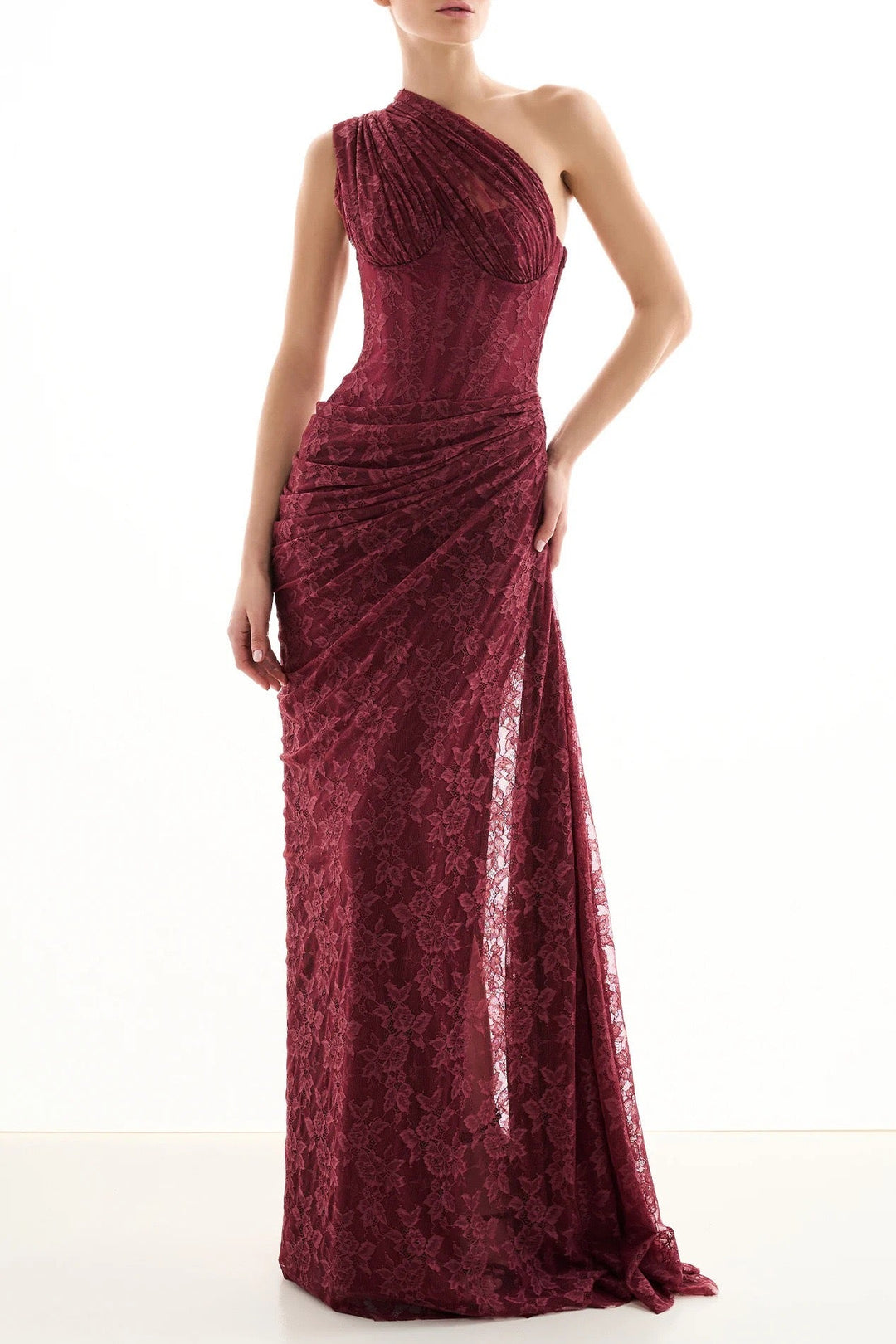 One-shoulder lace maxi dress with a corset and pleated design - ARGAMAN
