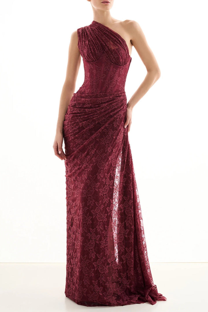 One-shoulder lace maxi dress with a corset and pleated design - ARGAMAN