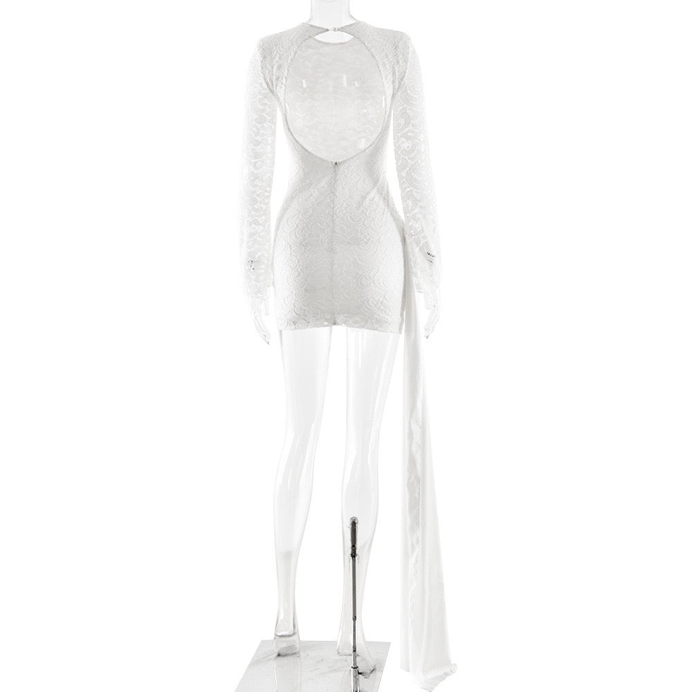 Lace mini dress with pleated design and satin train - ELVIRA