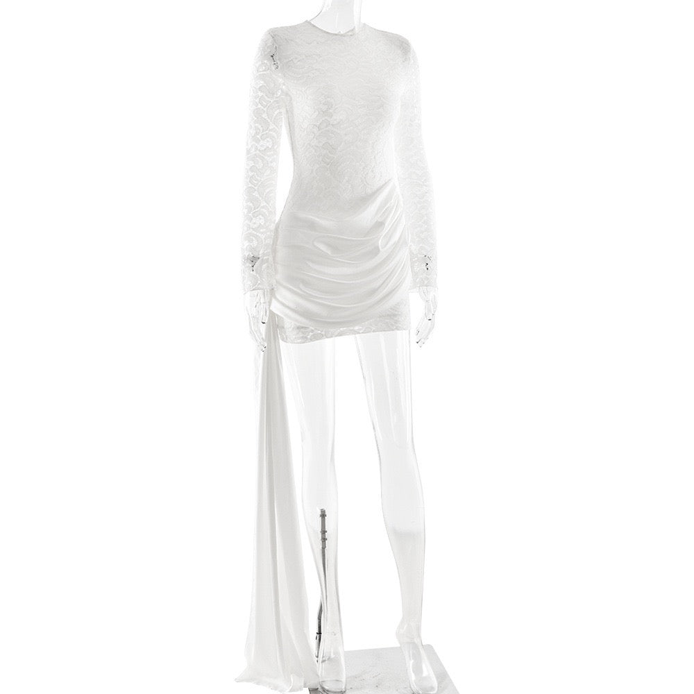 Lace mini dress with pleated design and satin train - ELVIRA