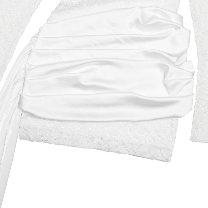 Lace mini dress with pleated design and satin train - ELVIRA