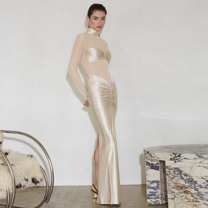 Maxi dress in shiny fabric with pleats and mesh design - Liyana