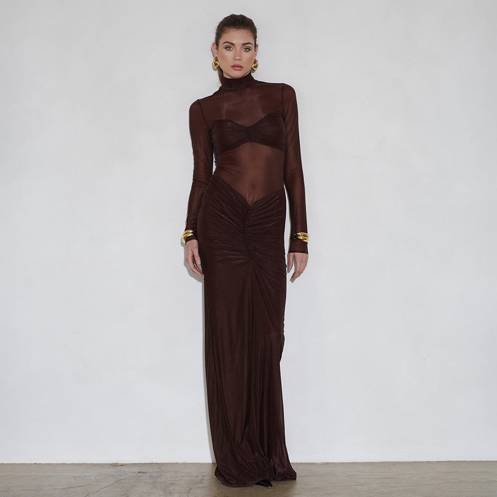 Maxi dress in shiny fabric with pleats and mesh design - Liyana