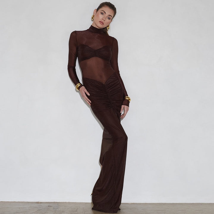 Maxi dress in shiny fabric with pleats and mesh design - Liyana