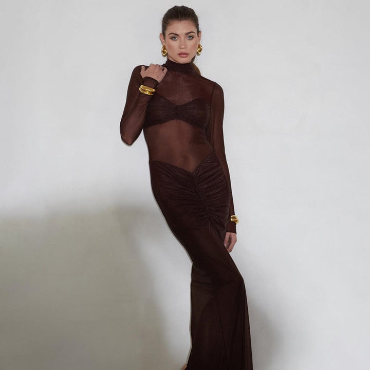 Maxi dress in shiny fabric with pleats and mesh design - Liyana