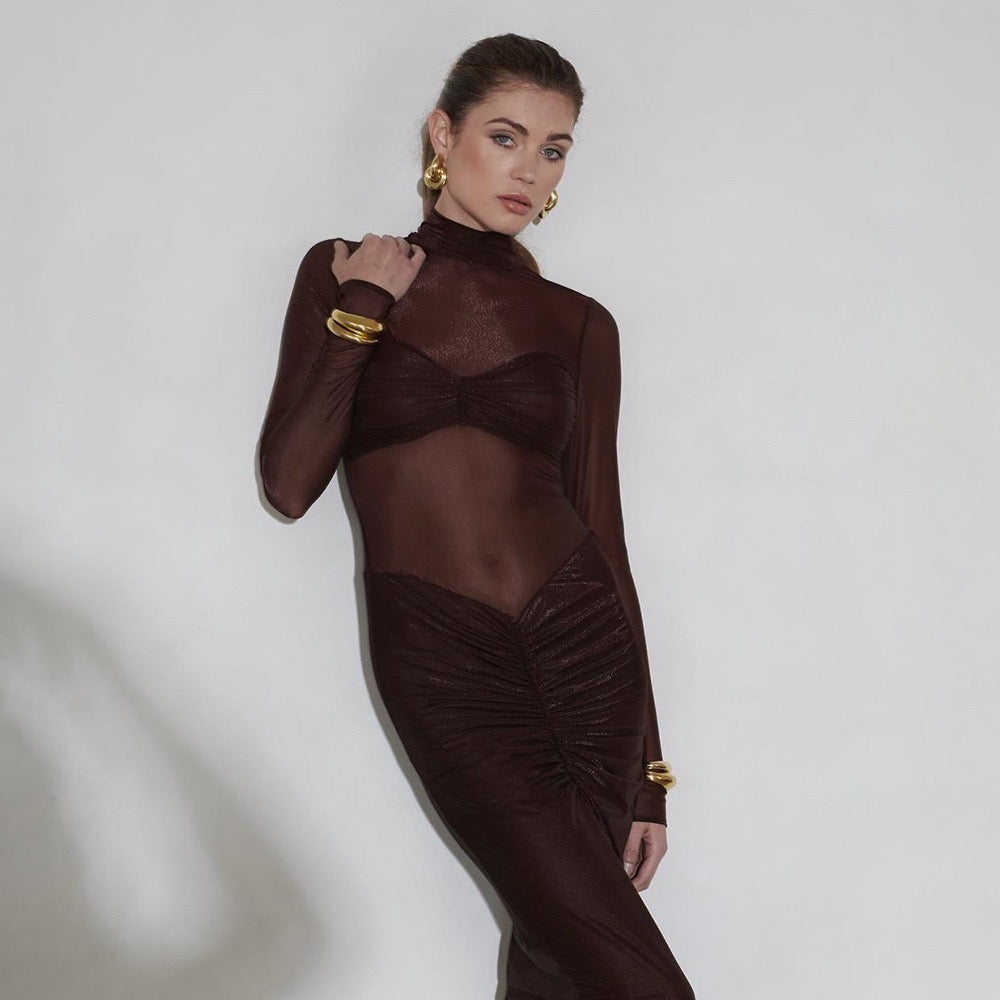 Maxi dress in shiny fabric with pleats and mesh design - Liyana