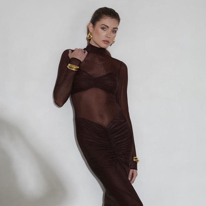 Maxi dress in shiny fabric with pleats and mesh design - Liyana