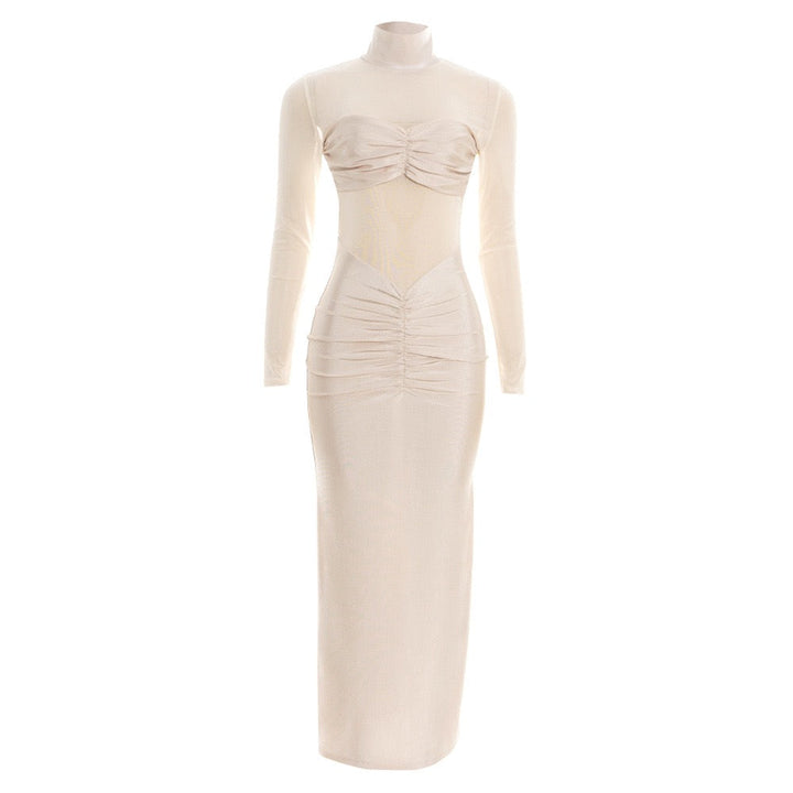 Maxi dress in shiny fabric with pleats and mesh design - Liyana