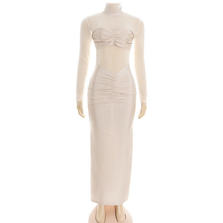 Maxi dress in shiny fabric with pleats and mesh design - Liyana