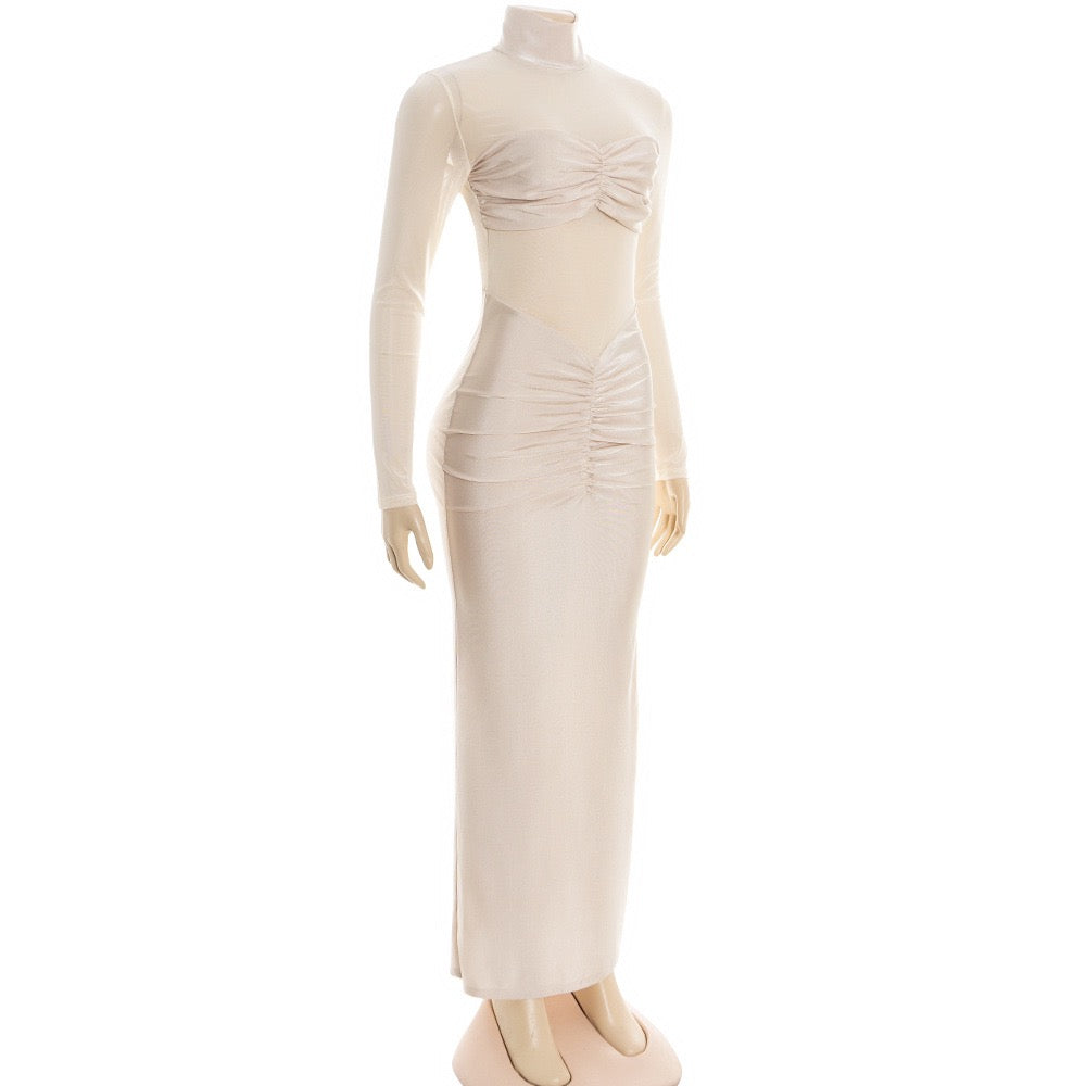 Maxi dress in shiny fabric with pleats and mesh design - Liyana