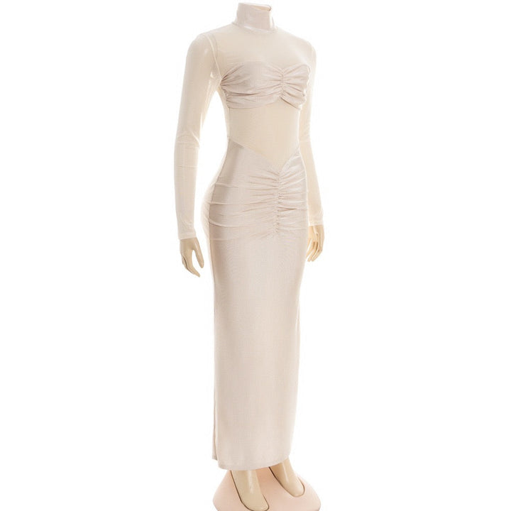 Maxi dress in shiny fabric with pleats and mesh design - Liyana