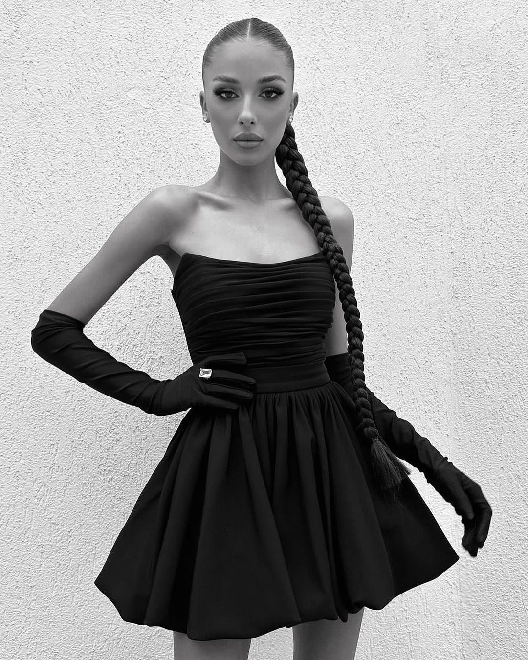 Mia - Strapless balloon mini dress with glove embellishment