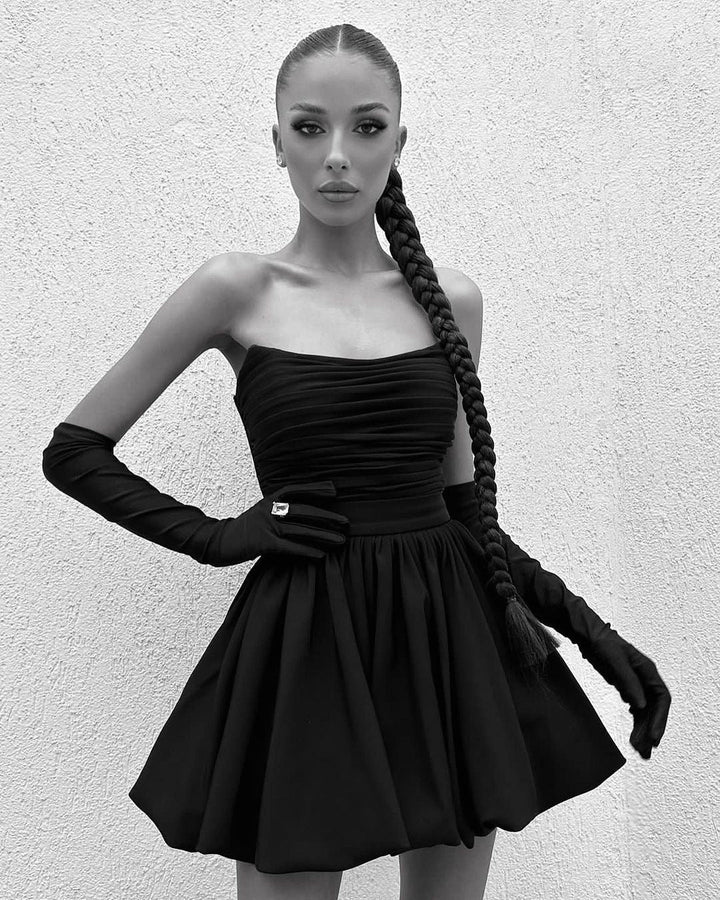 Mia - Strapless balloon mini dress with glove embellishment