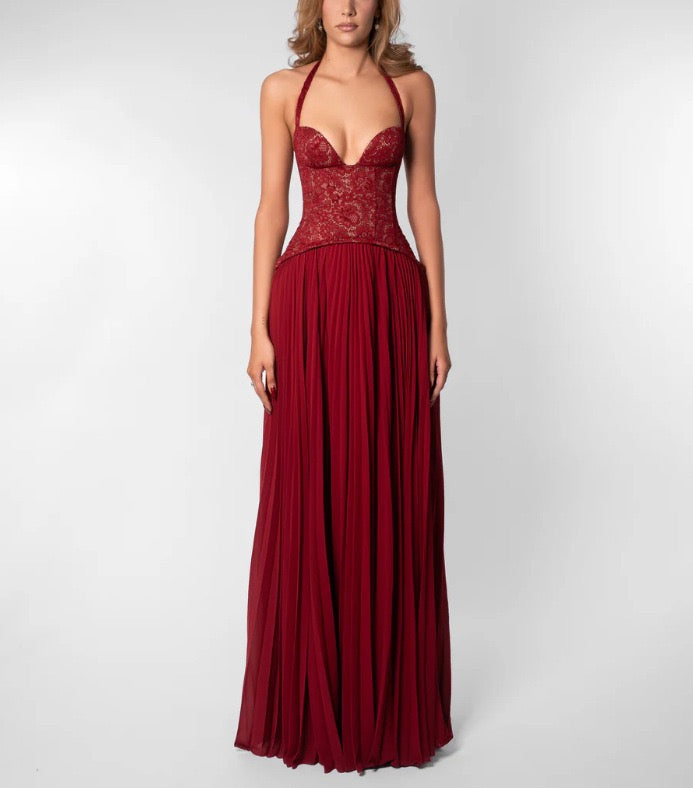 Pleated maxi dress with a lace design, back tie, and waist fastening - MELIA