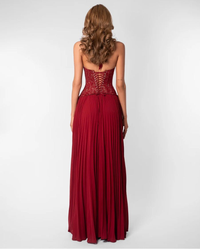 Pleated maxi dress with a lace design, back tie, and waist fastening - MELIA